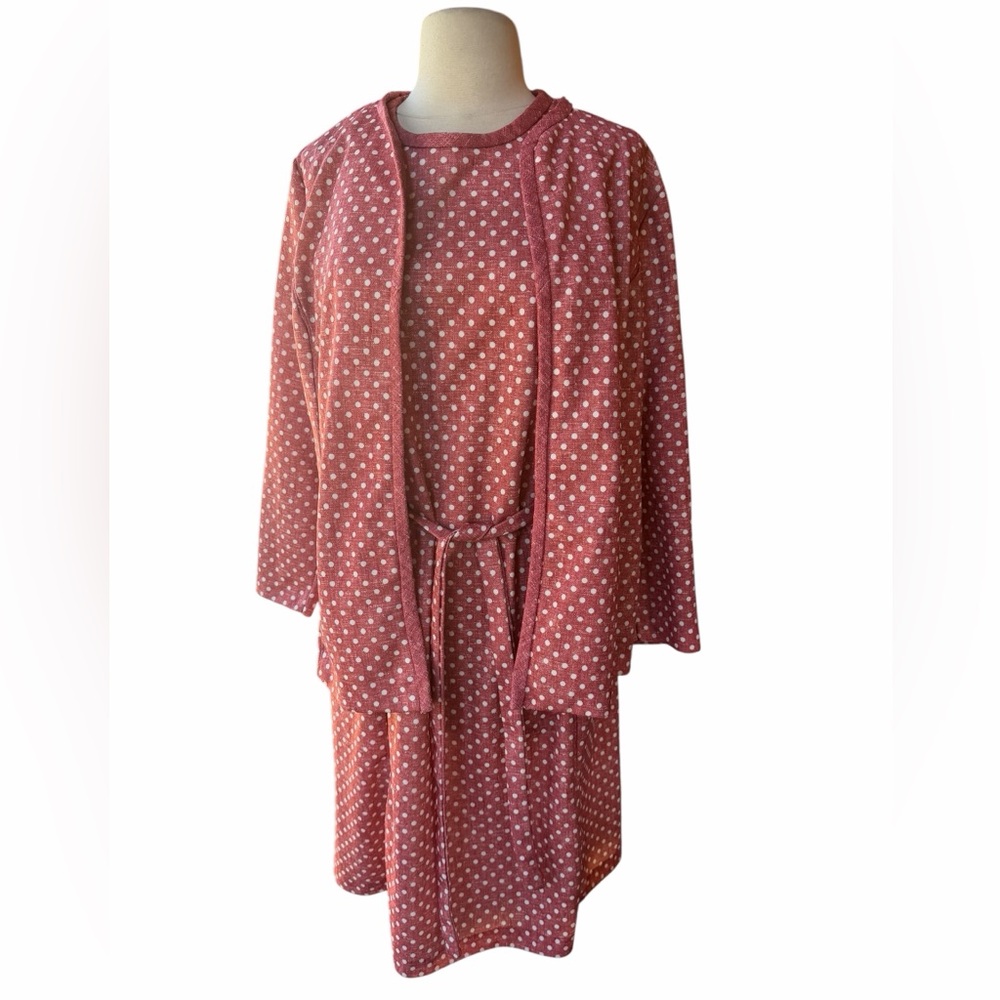 1960s Reddish & White Polka Dot Poly Knit 2-Piece Dress Set
